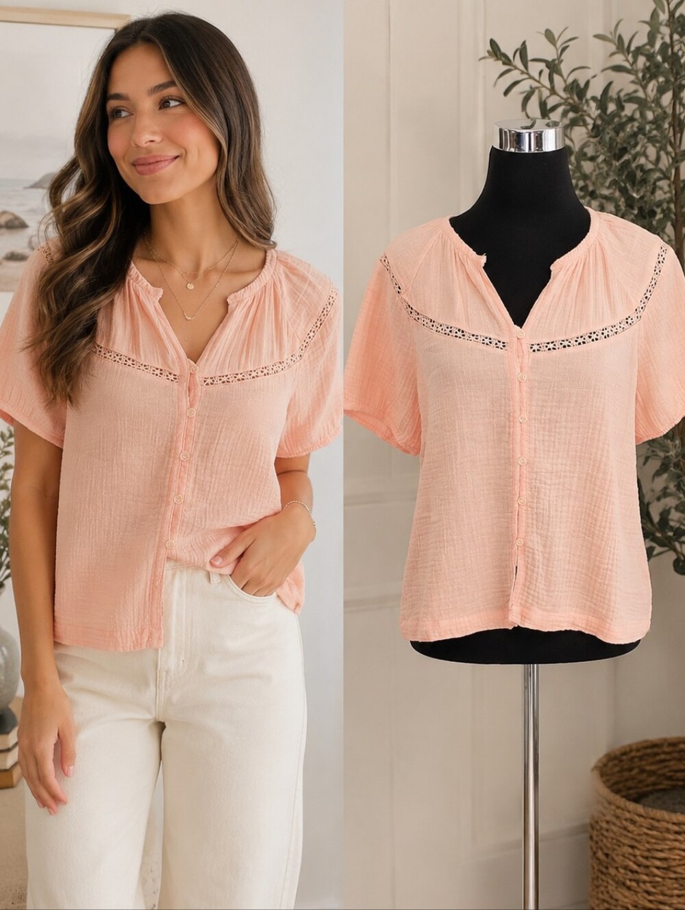 FRYE Mellow Rose Cotton Blouse Textured Eyelet Lace Trim Button Front M